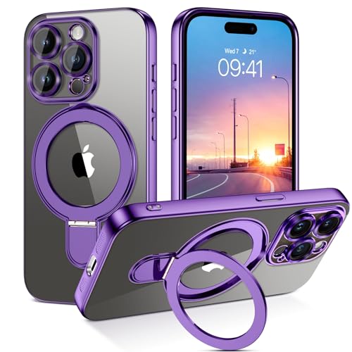 Coque magnétique pour iPhone 15 Pro Max transparente violette avec anneau support