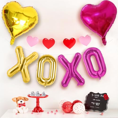 Image of XOXO Heart Balloons 6 Pcs Valentines Day Balloons Hot Pink Gold Heart Shaped Balloon XOXO Foil Balloon Letters for Girls Women Anniversary Sweet Valentine Day Romantic Decor Special Night Party