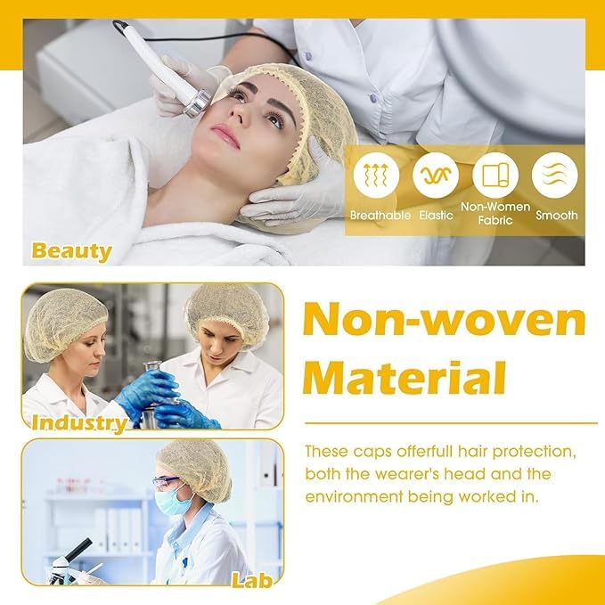 Image of KAUSTA Disposable Bouffant caps /Surgical Caps /Cooking Caps /Surgical Head Caps /Non Woven Head Caps, Pack Of 100pcs (18 inch) Medical Use Disposable Bouffant Caps Stretchable Hair Cover / Hair Net (Yellow)