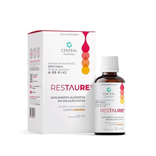 Central Nutrition Restaure 15ml – Vitaminas A D3 E K2 em Gotas – Suplemento Líquido – Fácil Consumo