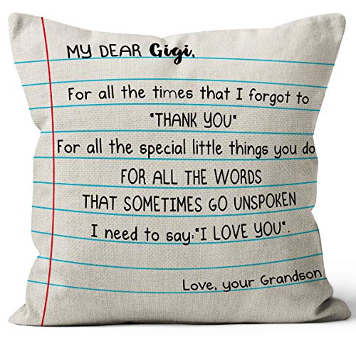M-Qizi Gigi I Love YouÂ Linen Throw Pillow Cover, 18 x 18 Inch, Â Gigi Gifts from Grandson, Best Gigi Birthday Gifts, Linen Cushion Cover for Sofa Couch Bed