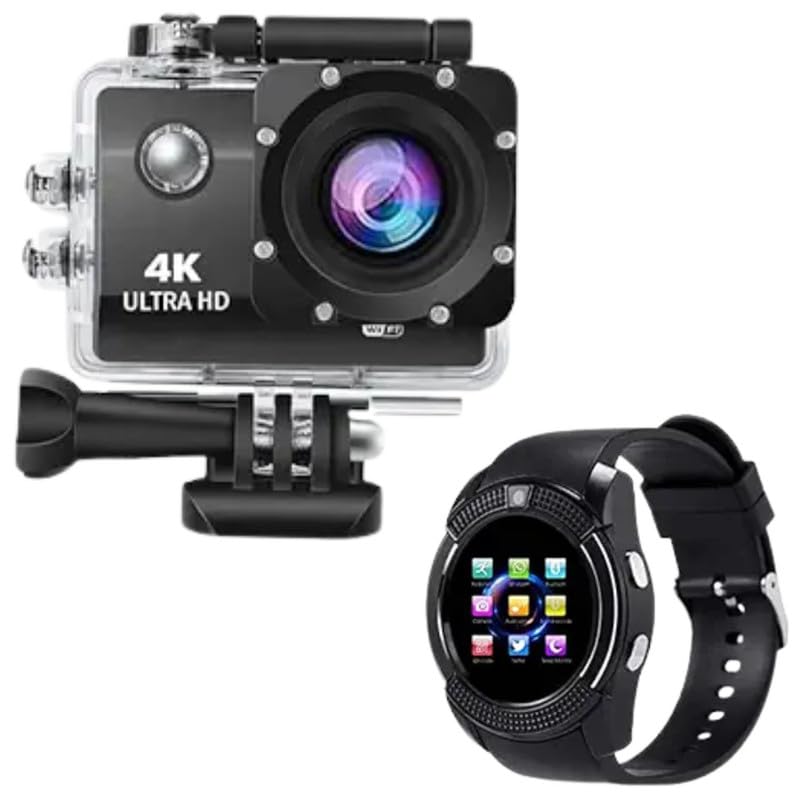 Drumstone Combo Pack of 2 Items- Touch Screen Sports Action Camera, 4K Waterproof Sport Camera,16MP with Smartwatch V8 3.0 Support SIM and TF Card Camera Android Watch Compatible with All Smartphone