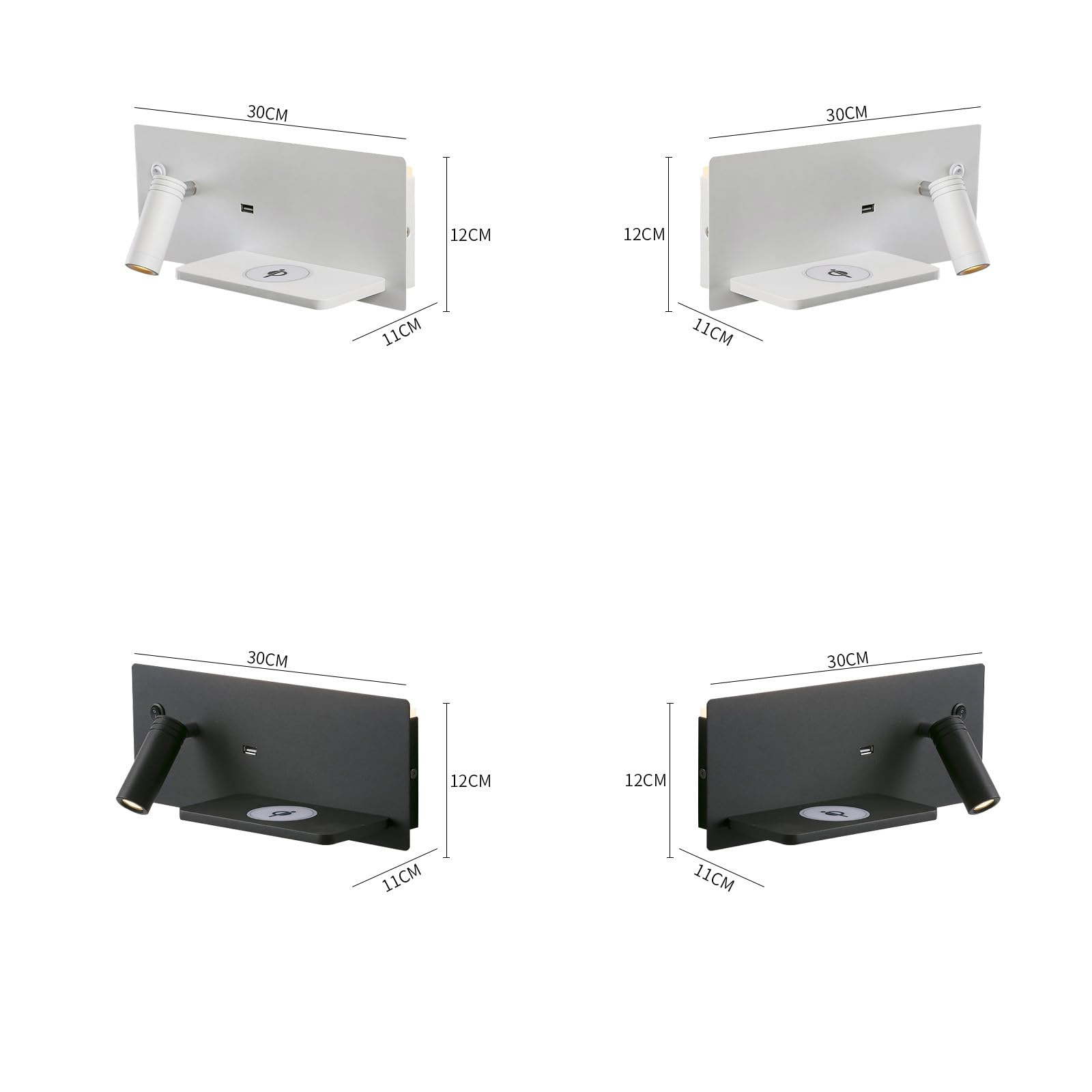 Lampa ścienna LED z przyłączem USB + bezprzewodowa ładowarka ścienna z przełącznikiem, oświetlenie ścienne 360° + 90°, obracana o 360° + 90°, lampa do czytania, do sypialni, zagłówka, hoteli (czarna