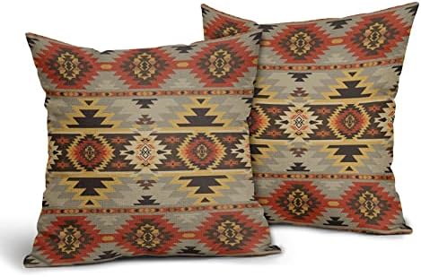 Western Decor Pillow Covers Set of 2 Modern Southwest Throw Pillows Cover 18x18 inch Decorative Native Aztec Square Cotton Linen Pillow Case for Home Couch Bed Sofa Outdoor