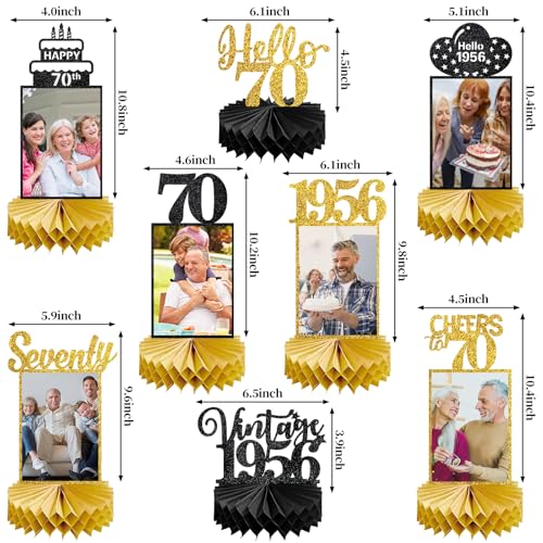 Image of Eucutur 8Pcs 70th Birthday Decorations Honeycomb Centerpieces for Women Men, Black Gold Vintage 1956 70th Bday Photo Table Centerpieces Party Supplies, Glitter Cheers to 70 Year Old Bday Table Topper