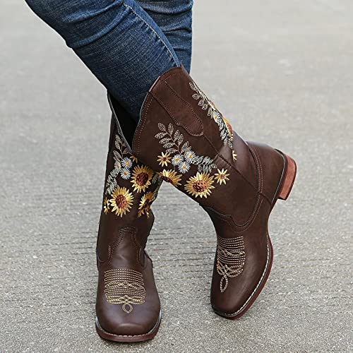 ZBYY Cowboy Boots for Women Pointy Toe Low Chunky Heel Cowgirl Boots Winter Sunflower Embroidered Knee High Western Boots2