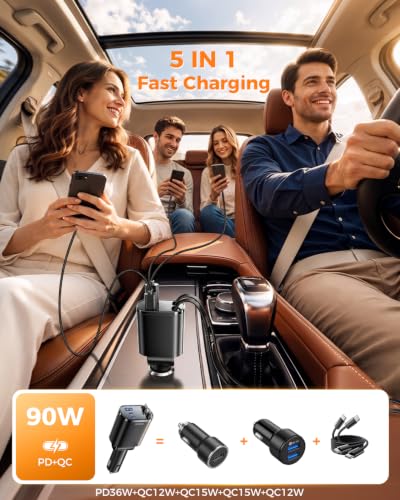Image of SUPERONE 5 in 1 Retractable Car Charge with Dual Type C Cables