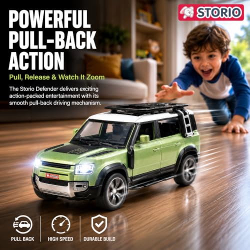 Image of Storio 1:32 Diecast Defender Toy Car, Metal Body SUV Model with Openable Doors Bonnet & Boot, Pull Back Action Vehicle Toy, Realistic Collectible Car for Kids Boys Girls