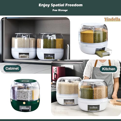 Image of Yindella Big Rice Storage Container Cereal Dispenser for Kitchen Multi 6 Compartment Spice Grain Organizer Bucket Insect & Moisture Proof Sealed Rice Storage Box Rice Jar (Green) (White)