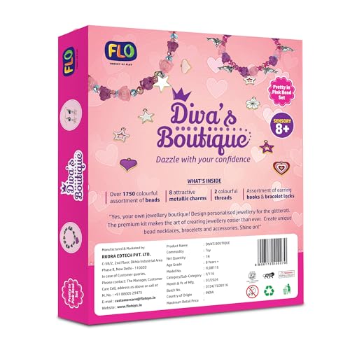 Image of FLO Divas Boutique Girls Jewelry Making Kit | 1750+ Colorful Beads, Metallic Charms, Bracelet & Necklace DIY Craft Kit | Jewelry Making Kit for Kids Girls Teens | Beads, Thread, Earring Hooks