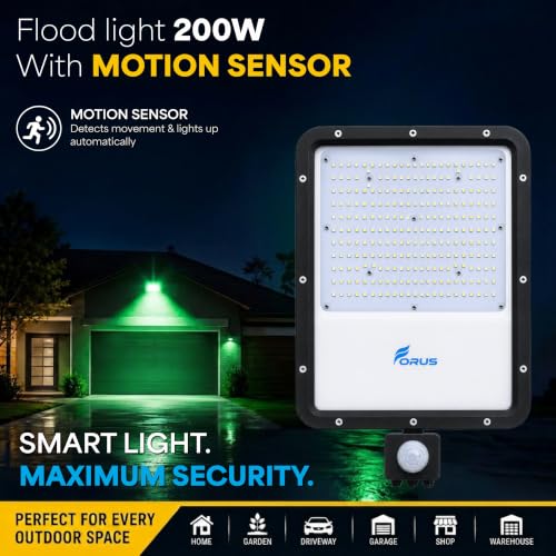 Image of Forus 200W LED Flood Light Green with Motion Sensor Auto On Off Day Night Mode Waterproof Outdoor Security Light for Garden Parking Garage Factory Warehouse High Bright Floodlight 4Yr Warranty-1Pc
