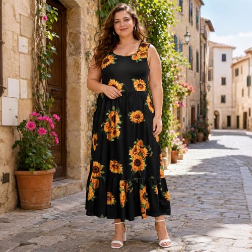 Image of Moon Wood Women's Plus Size Sleeveless Summer Dress Crewneck Tank Casual Flowy Maxi Dress with Pockets Vacation Outfits