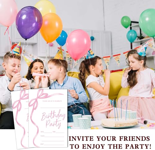 image for SIXEIGHT Pink Bow Birthday Invitations, Pink Ribbon Bow Birthday Party
