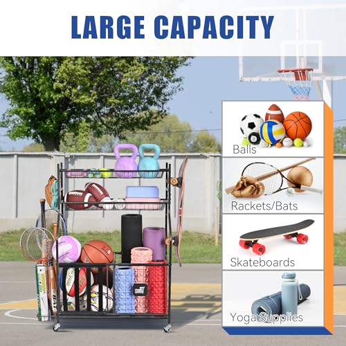 Mythinglogic-Rolling-Sports-Equipment-and-Toy-Organizer-for-Garage-Metal-cart-organizes-balls-bats-rackets-helmets-pool-gear-and-outdoor-toys-with-baskets-hooks-and-locking-wheels