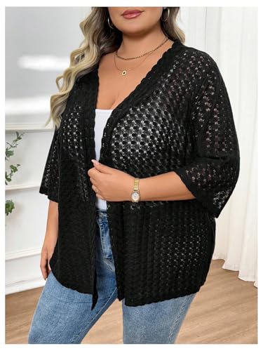 OYOANGLE Women's Plus Size Open Front Crochet Cardigan Sweater 3/4 Sleeve Knitted Outerwear4