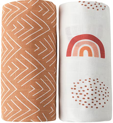 Image of Little Jump 2 Pack Muslin Swaddle Blankets Geometric & Rainbow, Large 47 x 47 inches Muslin Blankets for Girls & Boys, Baby Receiving Swaddles, Gender Neutural Newborn Gifts (2 Pack)