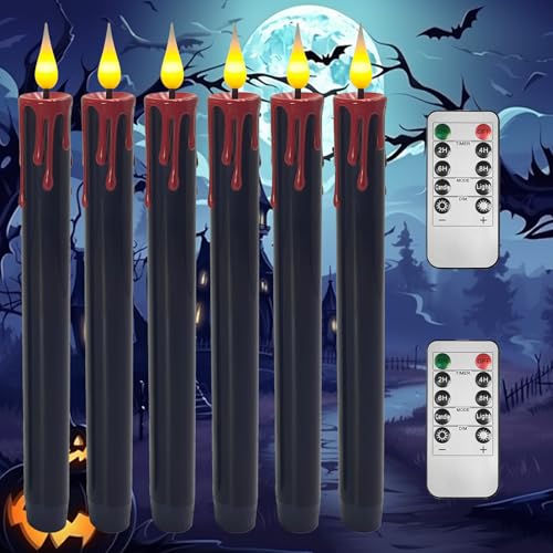 SUNGEGE Flameless Bleeding Candles 6 Pack Black LED Taper Candles with Red Dripping Wax Effect 0.8 x 9.9 Inches Includes 2 Remotes Creepy Halloween Decor for Haunted Houses & Horror Parties