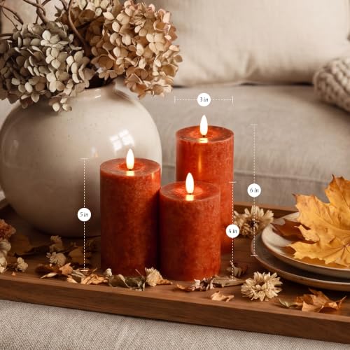 Image of Stmarry Mottled Orange Fall Flameless Candles with Remote and Timer, Real Wax Made LED Pillar Candles Battery Operated with 3D Flickering Flame - 3 inch x 4 inch,5 inch,6 inch - Set of 3 Fall Candles