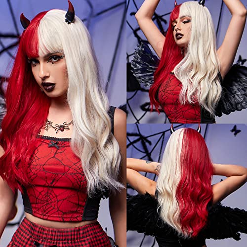 HAIRCUBE Red and White Curly Wigs with Bangs,Long Wave Wigs for Women Natural Synthetic Wigs Cosplay Wigs