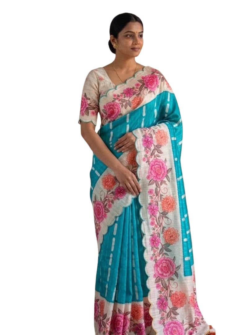 Satin Silk Saree, Pink Floral Print with Scalloped Border, Party saree, with Blouse Piece-image-29