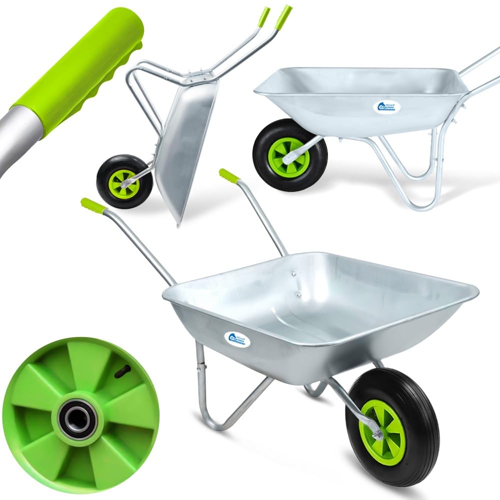 Wilcox Equimed Silver Bertie Barrow 65L 80Kg Capacity Heavy Duty Galvanised Steel Wheelbarrow – Garden & Diy Outdoor Trolley Cart With Pneumatic Tyre And Rubber Handles Wheel Barrow For Garden And Construction Purpose