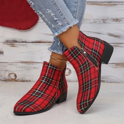 Ladies Fashion Christmas Plaid Pointed Side Zipper Thick Heel Ankle Boots Platform Boots Women Dressy3