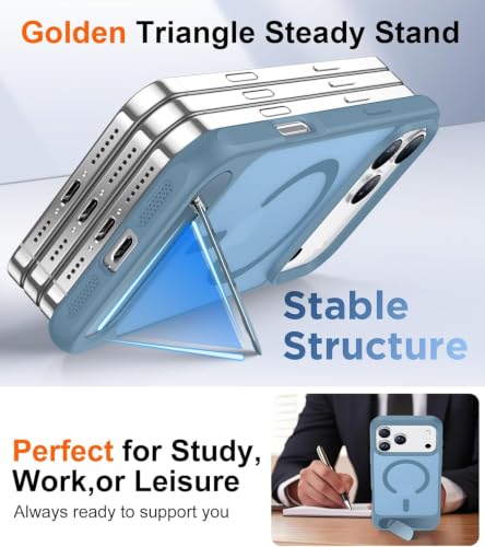 Image of Elzzi Translucent Matte Kickstand Case for iPhone 17 Pro, Built-in Adjustable Stand, Translucent Matte Magnetic Mag-Safe Shockproof Phone Cover (Official Blue - Kickstand)