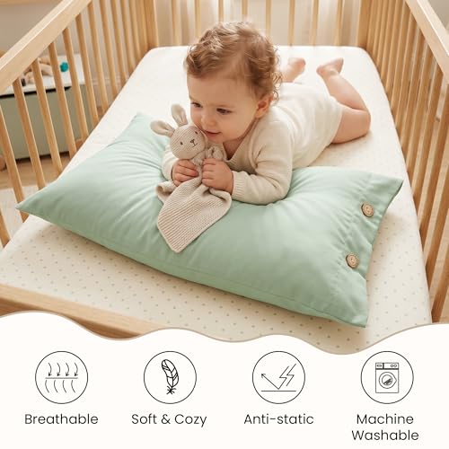 Image of EXQ Home Toddler Pillowcases with Button Closure 13x18 Travel Pillow Case Set of 2, Small Pillow Case Fits Baby Pillow Sized 12x16, 13x18, Kids Pillowcases 2 Pack Machine Washable (Sage)