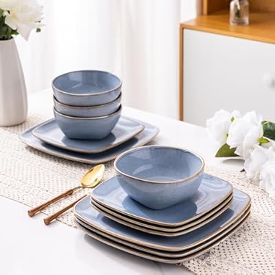AmorArc Ceramic Dinnerware Sets for 4, 12 Pieces Square Handpainted Plates and Bowls Set, Chip and Scratch Resistant Stoneware Dishes Set, Dishwasher & Microwave Safe, Reactive Blue