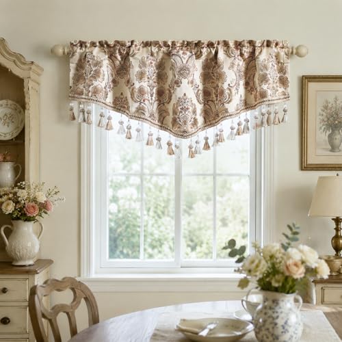 Leeva Vintage Damask Kitchen Valance with Beads - Textured Jacquard Window Treatment, 52x18 in, Beige