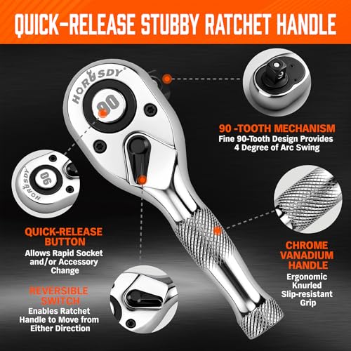 Image of HORUSDY 3 Piece 90T Stubby Ratchet Handle Set, 1 /4 inch 3 /8 inch 1 /2 inch Drive Mini Socket Wrench, Compact Reversible Ratchets for Tight Spaces, Car & Home Repair, DIY, Mechanic Tool