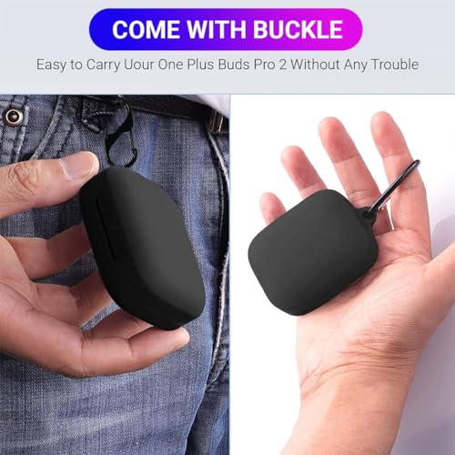 Image of LIRAMARK Silicone Cover Case with Carbiner Compatible with OnePlus Buds Pro 2 (2023) / Oneplus Buds Pro 2R (Black)