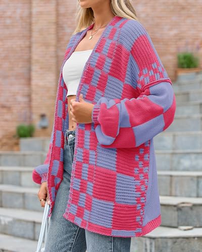 Image of BTFBM Casual Cardigan Sweater for Women Fall 2026 Long Sleeve Open Front Chunky Knit Sweaters Checkered Outwear Coat