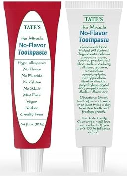 Tates No Flavor Toothpaste Fluoride-Free, All-Natural Ingredients,Cavity Protection, Whitening & Antiplaque for Sensitive Teeth, Bad Breath,Strengthens Enamel - Ideal for Adults & Kids - 6.4 oz