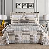 Y-PLWOMEN Cotton Quilt Bedding Set - Brown Grey White Plaid Patchwork Quilted Comforter,Reversible...