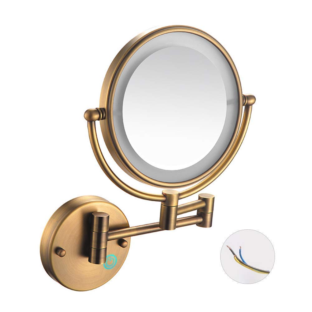 Miroir de courtoisie LED 8 pouces avec grossissement 7X en cuivre antique pour coiffeuse