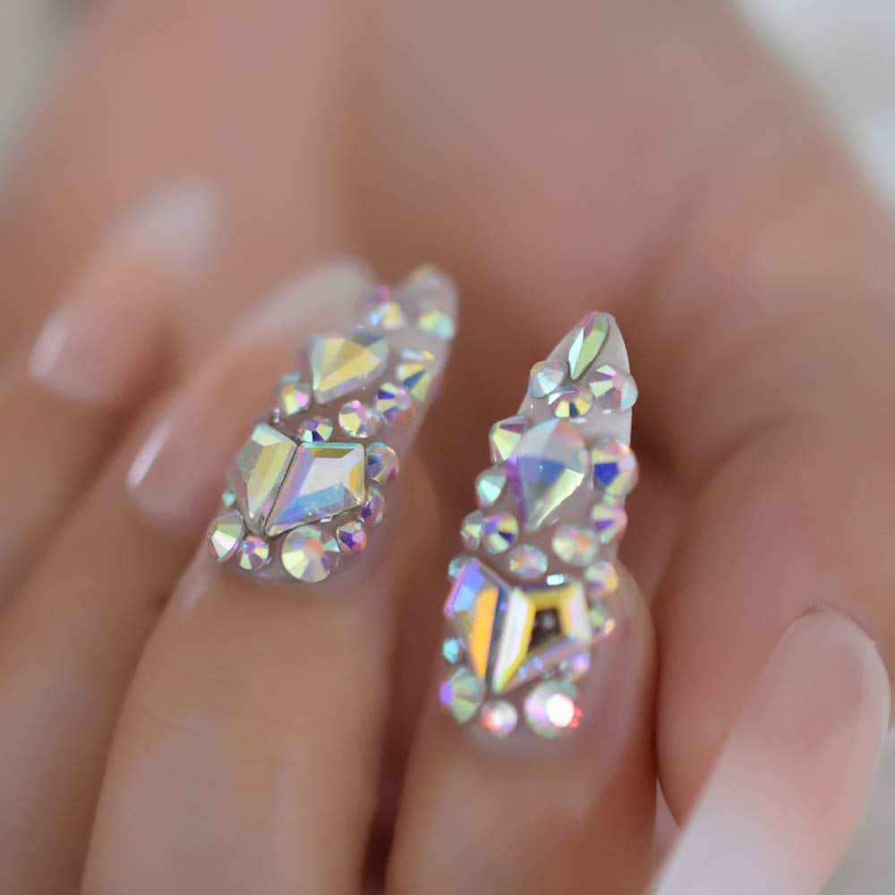 Luxury Fake Nails Designer Extra Long Ombre French Jewelry Pre-designed Nails Natural Stiletto AB Stones Decoration Tips