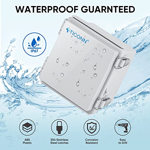 Image of TICONN Waterproof Electrical Junction Box IP67 ABS Plastic Enclosure with Hinged Cover with Mounting Plate, Wall Brackets, Cable Glands (Off-White, 5.9 inchx5.9 inchx3.5 inch)
