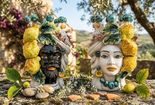 Céramique sicilienne de Caltagirone paire de têtes de moro grand vase 20cm
