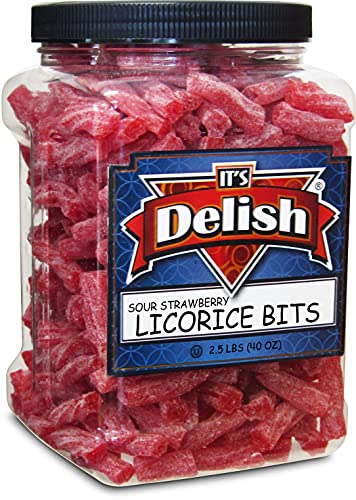 Sweet & Sour Strawberry Licorice Bits By Its Delish, 2.5 Lbs (40 Oz) Jumbo Container Jar – Chewy Red Strawberry Lightly Sour Candy Twists – Great Gifts Party Sweets – Made In Usa, Vegan, Kosher #TOP13