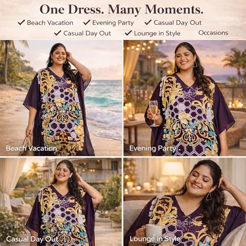 Image of Oussum Women Plus Size Kaftan Kimono Loose Maxi summer dresses for women Beach 3 /4 Sleeve Casual lounge dress Boho