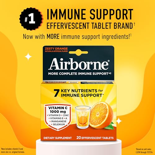 Image of Airborne 1000mg Vitamin C with Zinc Effervescent Tablets, Immune Support Supplement with Powerful Antioxidants Vitamins A C & E - 20 Fizzy Drink Tablets, Zesty Orange Flavor