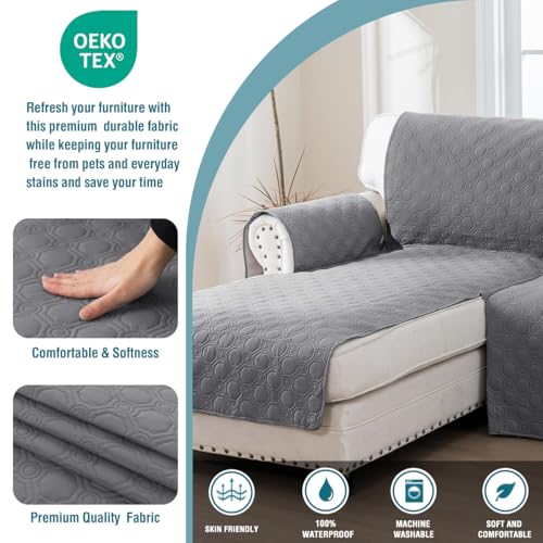 Turquoize 100% Waterproof L Shape 2 Piece Couch Covers Non-Slip Sectional Chaise Lounge Cover Sofa Slipcovers Pet Friendly Furniture Protector for Pets, Dogs, Kids (Left Chaise + 3 Seat Seater, Grey) by Turquoize - Used condition - Image 3