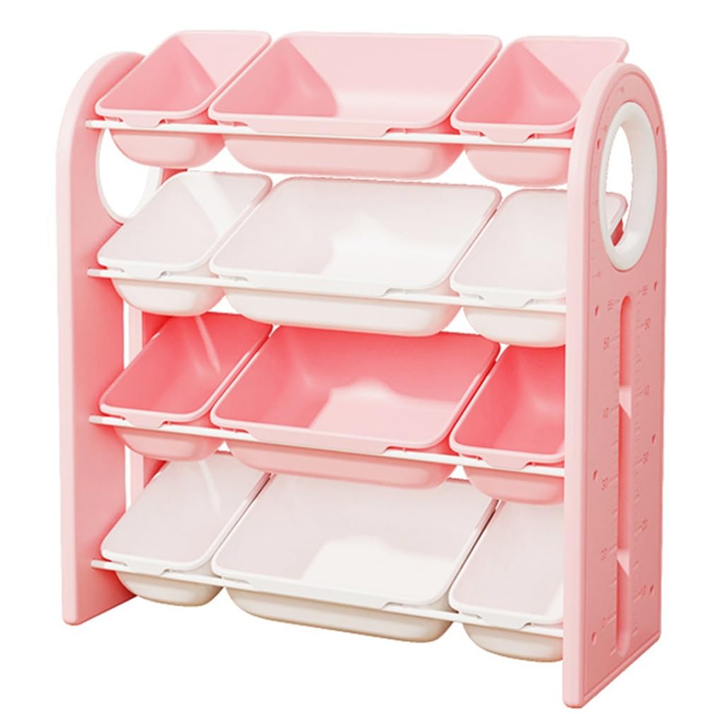 Children's Toy Organizer with 12 Storage Bins 4 Tier Multi Bin Organizer for Books School Supplies and Toys Small Space Toy Storage Solution Pink Color Option