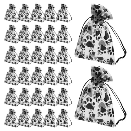 HOMSFOU Bolsas de Organza Estampadas Huellas de Patas, 50 Unidades 12X9 CM Cordón, para Guardar Regalos y Recuerdos en Fiestas, Cumpleaños y Eventos Mascotas