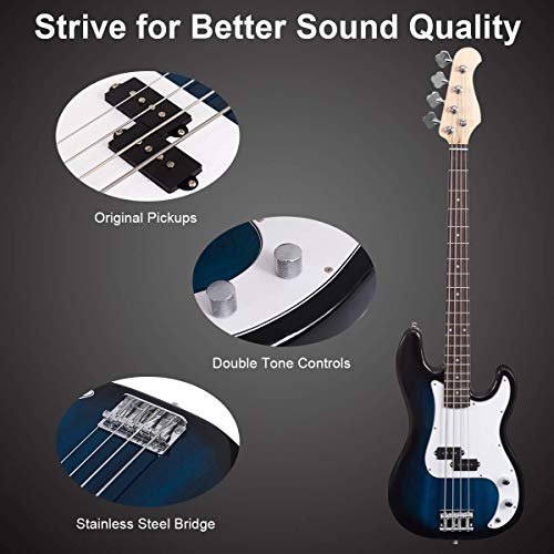 Costzon Full Size Electric 4 String Bass Guitar For Beginner Starter Complete Kit, Rose Fingerboard And Bridge, W/Two Pickups & Two Tone Control, Guitar Bag, Strap, Guitar Pick, Amp Cord (Blue Bass) #TOP3