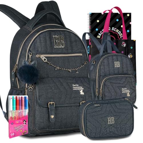 Kit Mochila RB Rebecca Bonbon Jeans Escolar Lancheira Estojo Meninas Resistente Infantil Juvenil
