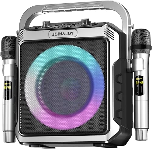 Portable Karaoke Machine with 2 Wireless Microphones, Bluetooth Party Speaker with LED Lights, Loud Subwoofer, USB/AUX, Rechargeable Outdoor Karaoke Speaker for Adults & Kids, Home & Party