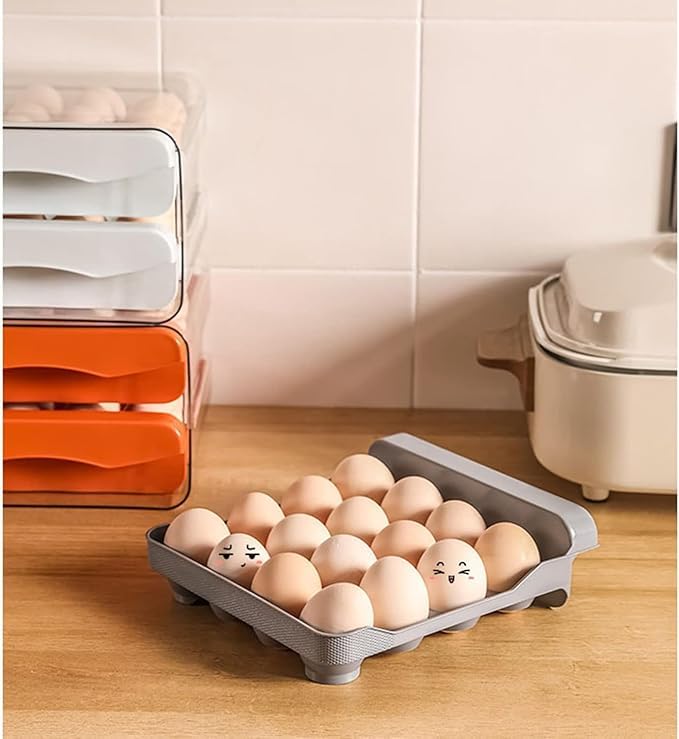 HomeCloud Plastic 32 Grid Large Capacity Drawer Type Egg Holder/Egg Tray/Household Egg Fresh Storage Box/Multi-Layer Chicken Egg Storage Container (Grey_32 grid)