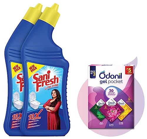 Image of Sanifresh Toilet Cleaner, 1L (pack of 2) Odonil Gel Pocket Mix - 30g (Assorted pack of 3 new fragrances)